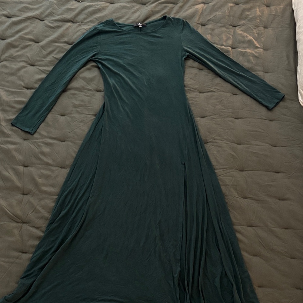 Lulu's Forest Green Long Sleeve Dress with Slit